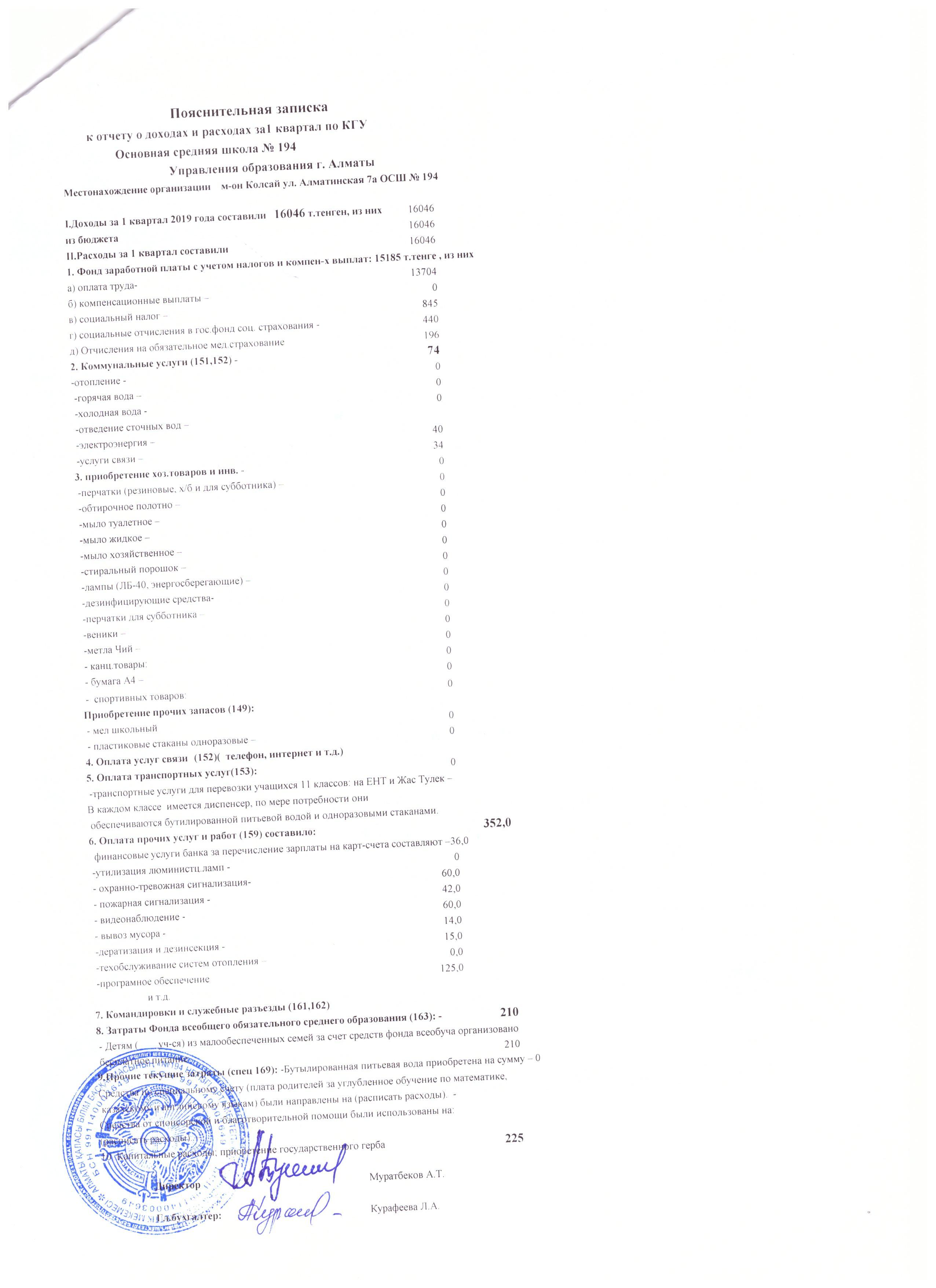 Отчет о доходах и расходах за первый квартал 2019 года