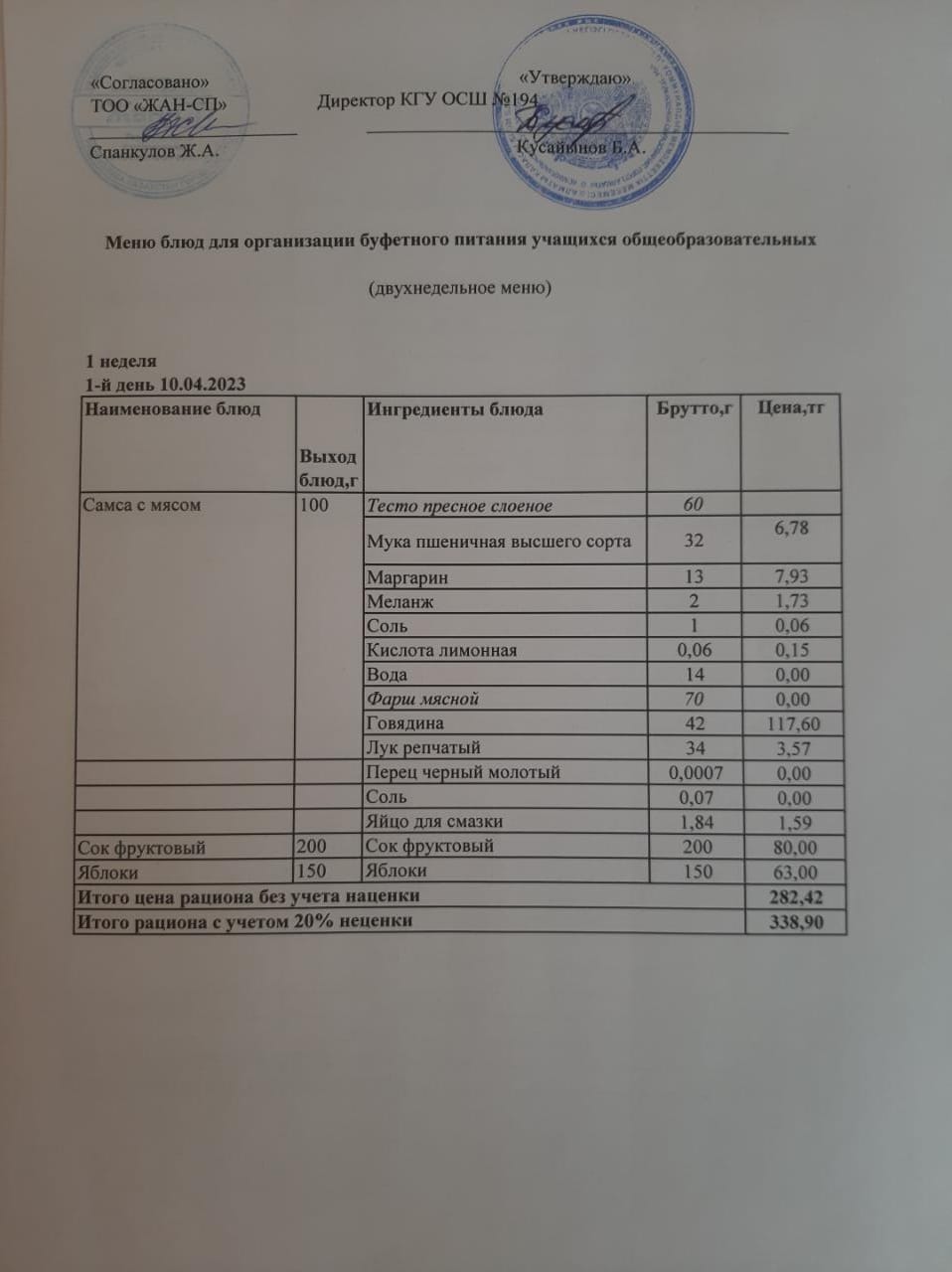 Бастауыш сынып оқушыларына және аз қамтылған отбасылардын шыққан оқушыларға арналған буфеттік меню 10.04.2023