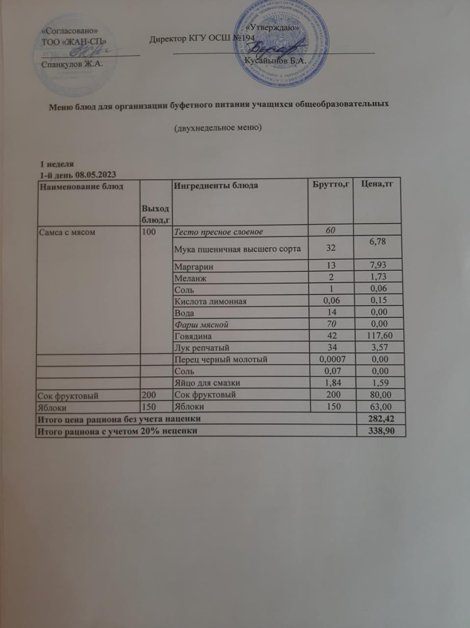 Бастауыш сынып оқушыларына және аз қамтылған отбасылардын шыққан оқушыларға арналған буфеттік меню 08.05.2023