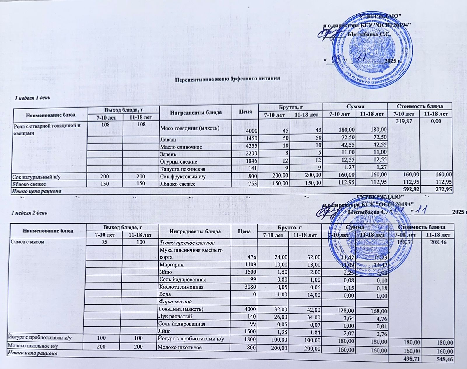 Бастауыш сынып оқушыларына және аз қамтылған отбасылардын шыққан оқушыларға арналған буфеттік меню 03-07.11.2025