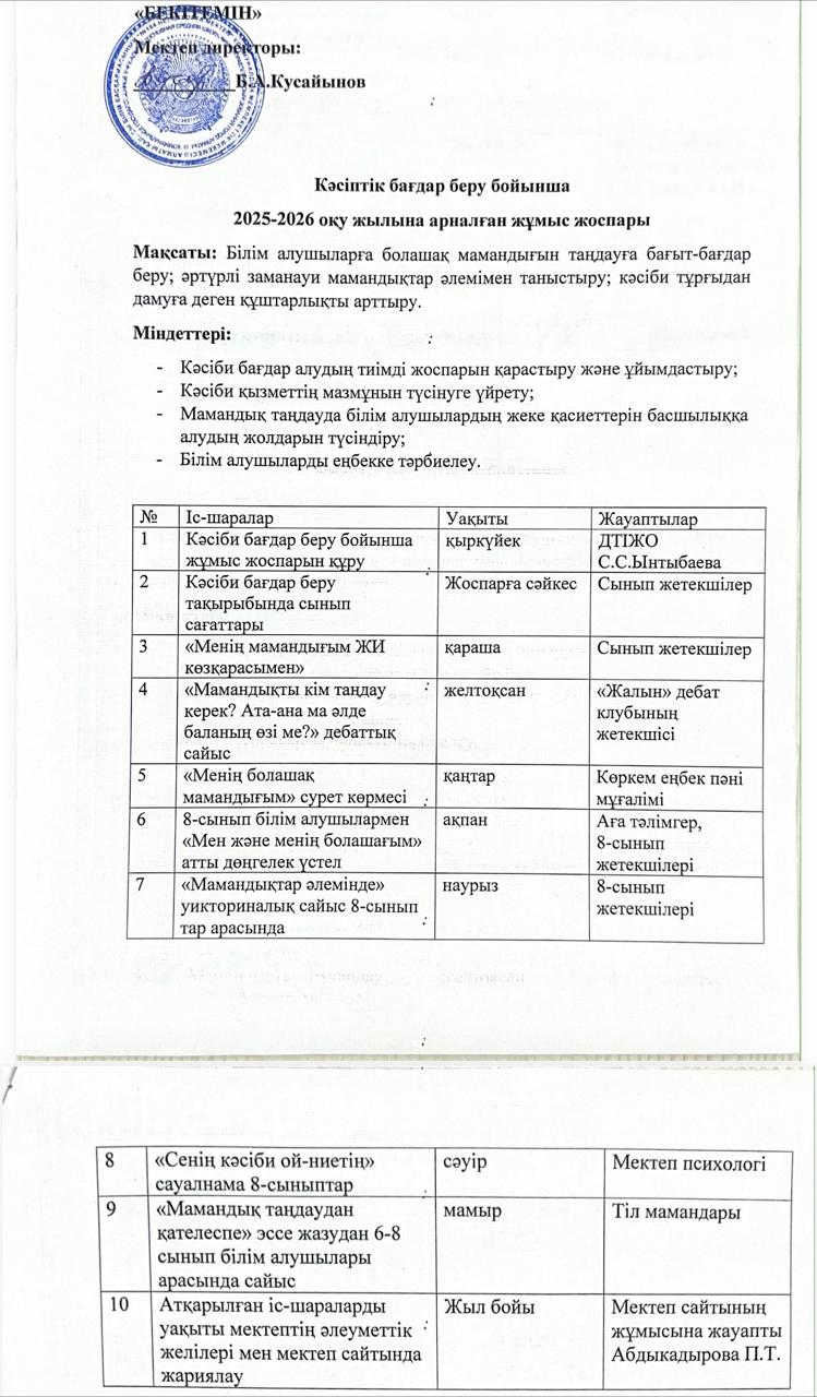 Кәсіптік бағдар беру бойынша 2025-2026 оқу жылына арналған жұмыс жоспары